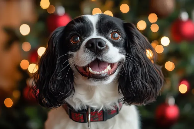 Happy black and white small dog with long ears smiling with tongue out in front of blurred holiday lights.