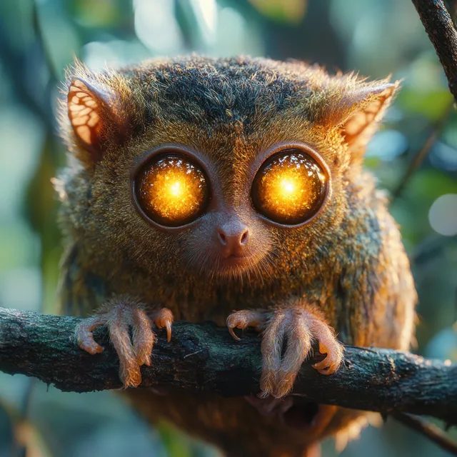 A small nocturnal primate perches on a forest branch with glowing amber eyes and detailed fur around its face.