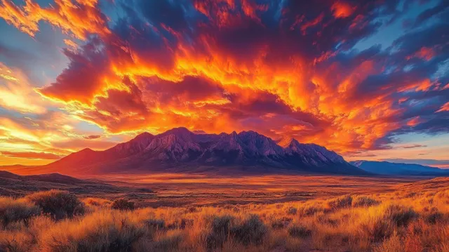 Fiery sunset sky over rugged mountains as warm light glows across golden grassland