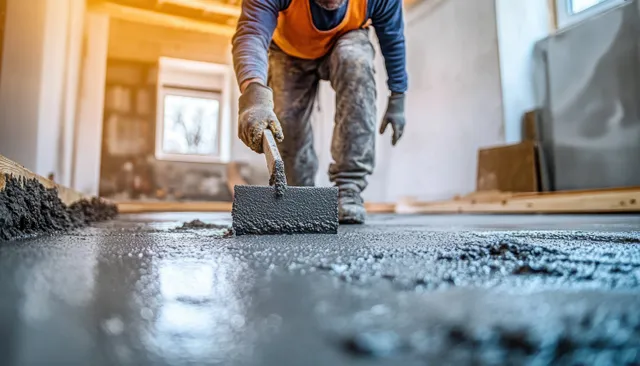 A construction worker smooths fresh concrete leveling mix on a sunlit apartment floor with a hand trowel.