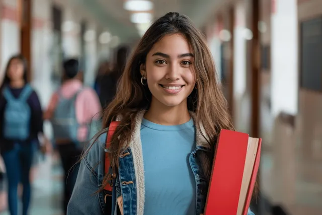 A smiling student walks through a campus hallway carrying textbooks and a red notebook.