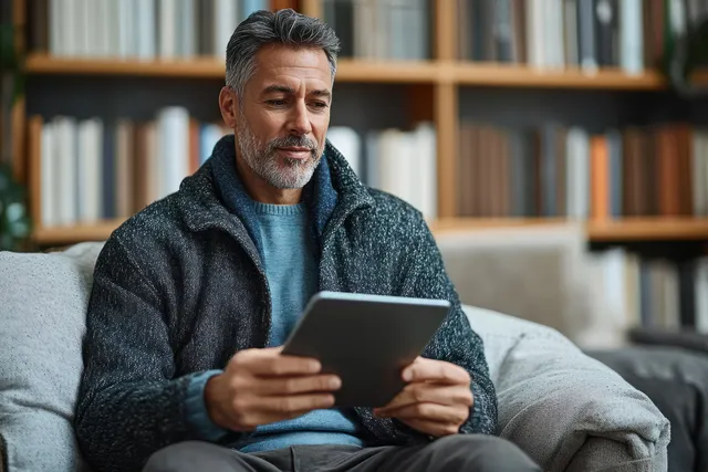 Middle aged man relaxing on sofa, browsing tablet in a sunlit modern living room