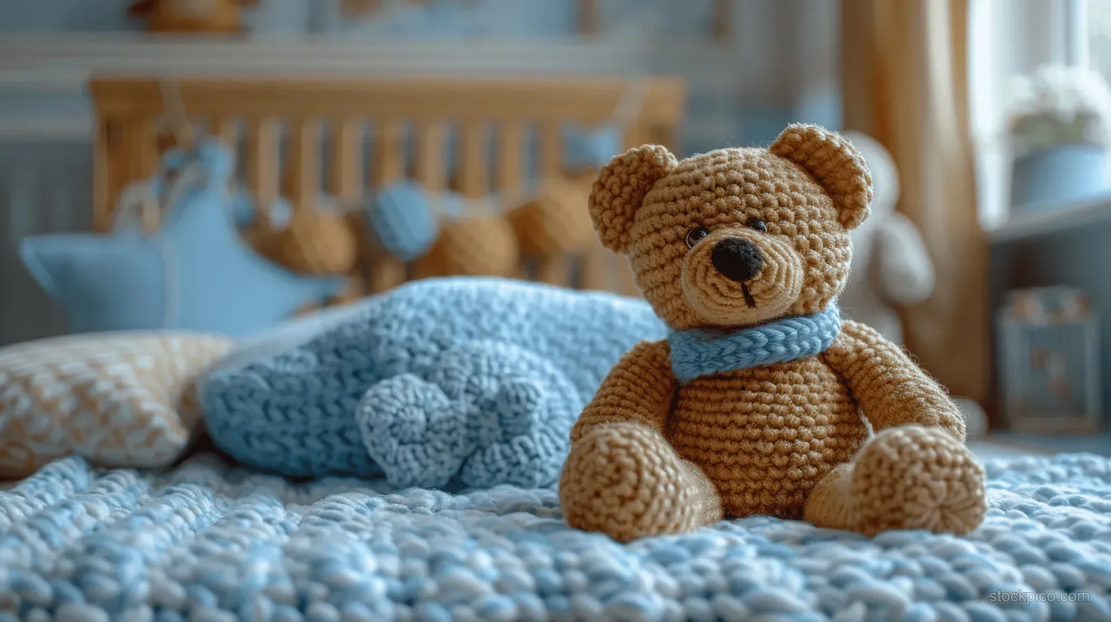 Knitted teddy bear sitting on a blue blanket in a baby nursery near a wooden crib.
