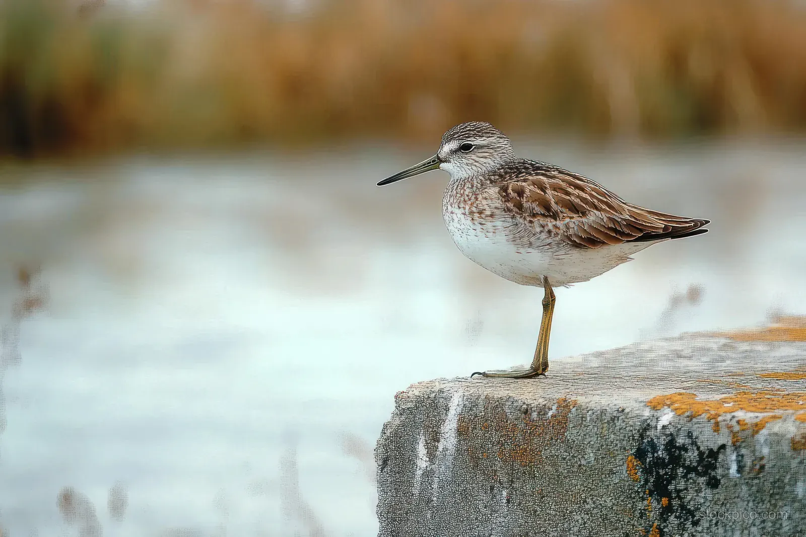 A small shorebird stands on a concrete ledge beside calm water with a blurred natural background.