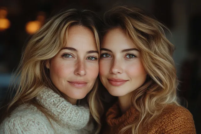 A mother and adult daughter cuddle close together in a softly lit indoor portrait.
