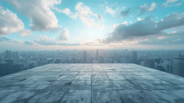 Concrete rooftop terrace overlooking a panoramic blue city skyline with scattered clouds