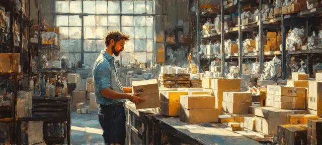 A warehouse worker stacks cardboard boxes in a shipping aisle surrounded by parcels and shelving.
