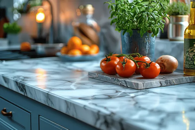 Fresh tomatoes and green herbs on a white marble kitchen island with blue cabinets and blurred background lights.