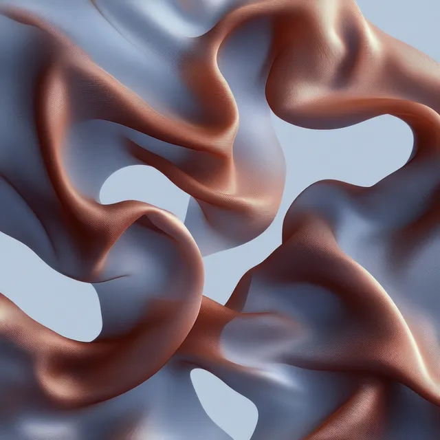 Sienna fabric ribbon swirls through a cool gray background in smooth flowing 3D folds
