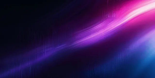 Diagonal blurred light rays glow across a black to purple to blue gradient background with subtle texture.