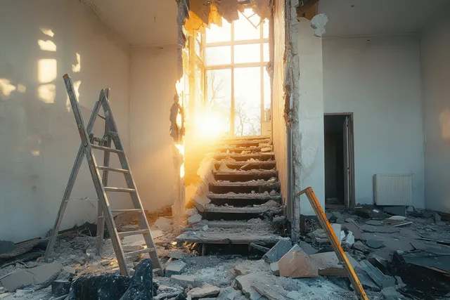 Renovation tools and a wooden ladder in a dusty apartment room with sunlight streaming through a window.