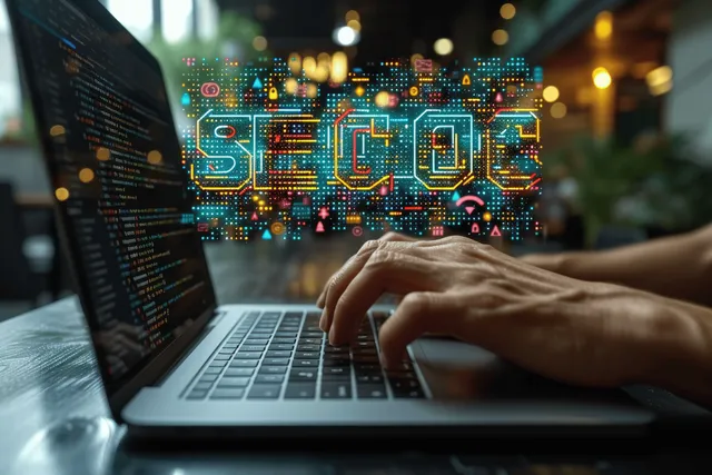 Hands typing on a laptop as a glowing SEO analytics dashboard and circuit graphics appear on the screen.
