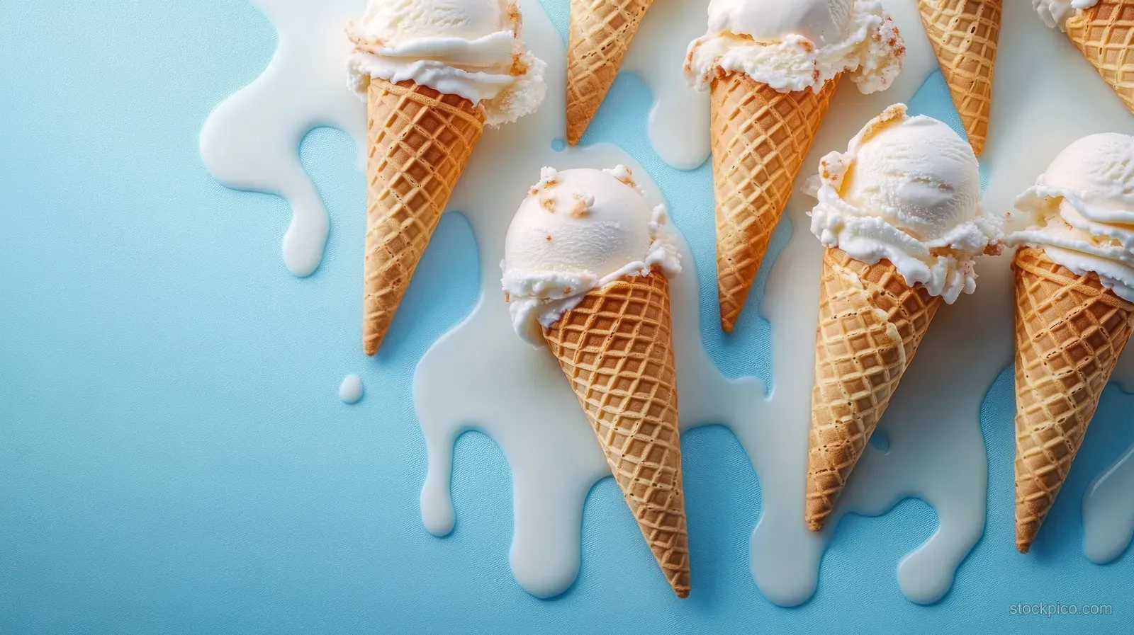 Several vanilla ice cream waffle cones melting on a light blue surface with creamy drips.
