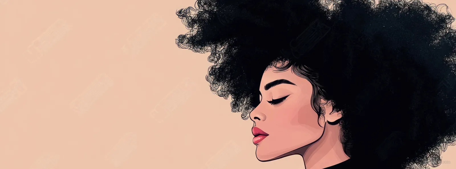Black woman in profile combs her natural afro hair against a soft pastel background.