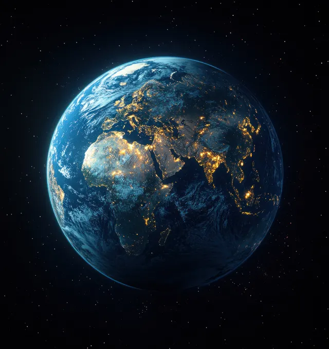 3D Earth globe at night with Europe and Africa lit by city lights and moonlight shadows over the curved surface.