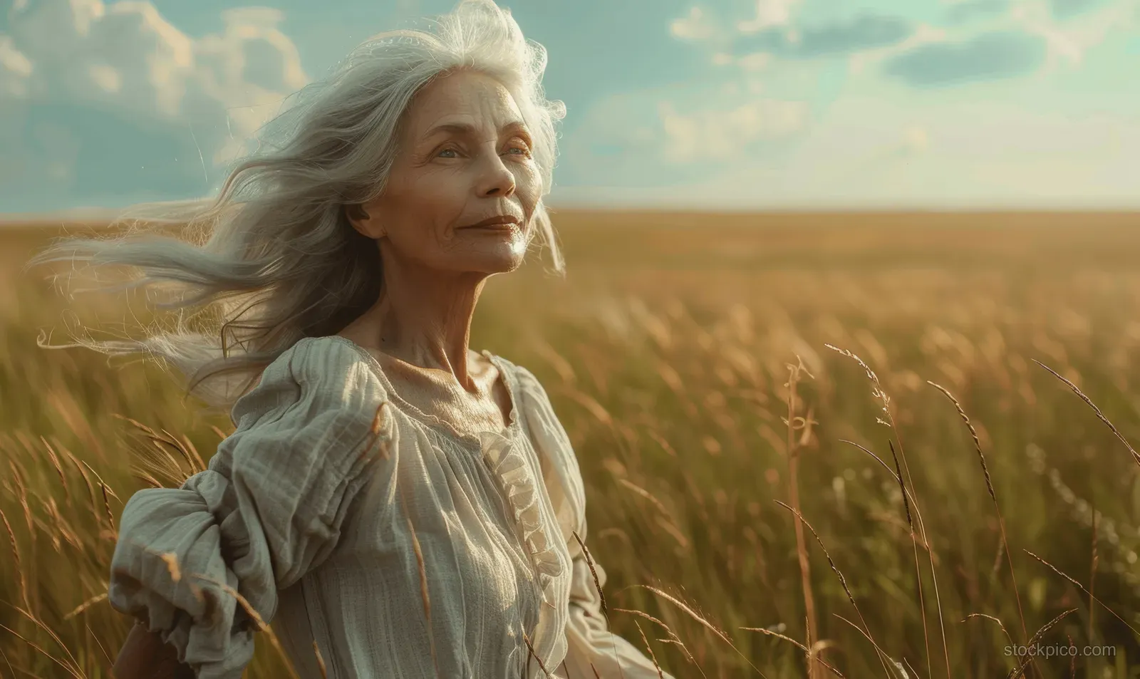 A mature woman with white hair stands in a windy golden field with eyes closed and hair blowing.