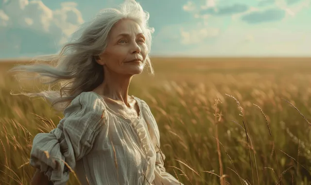 A mature woman with white hair stands in a windy golden field with eyes closed and hair blowing.