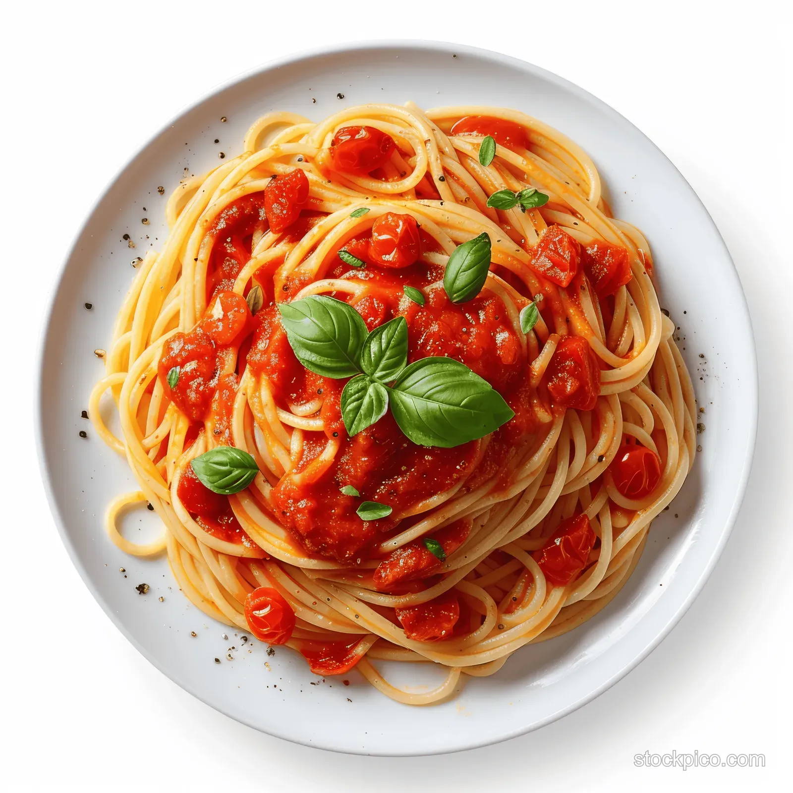 Overhead view of spaghetti topped with tomato basil sauce and fresh basil leaves on a white plate.