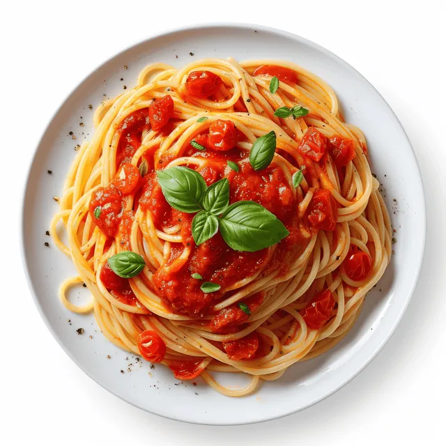 Overhead view of spaghetti topped with tomato basil sauce and fresh basil leaves on a white plate.