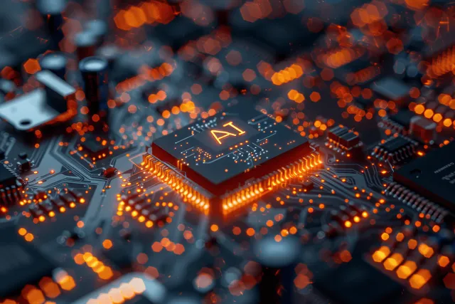 AI microchip circuit board with glowing orange traces around central processor core