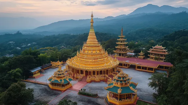 Aerial view of golden pagodas and temple roofs surrounded by green forest and mountain valleys during sunset.