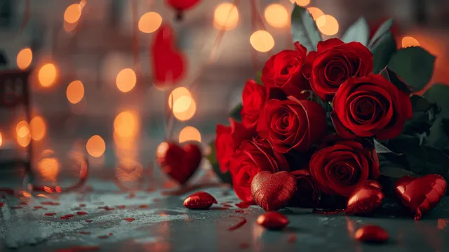 Red roses and heart decorations on a Valentine table with warm glowing bokeh lights in the background.