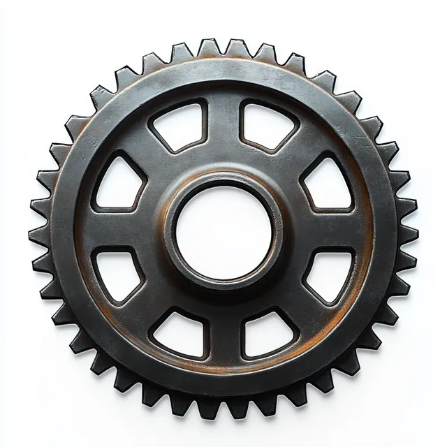 Close-up rusted metal gear with sharp teeth, isolated on white background