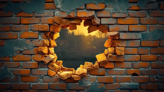A damaged brick wall with a hole and loose rubble, illuminated by warm golden hour light.