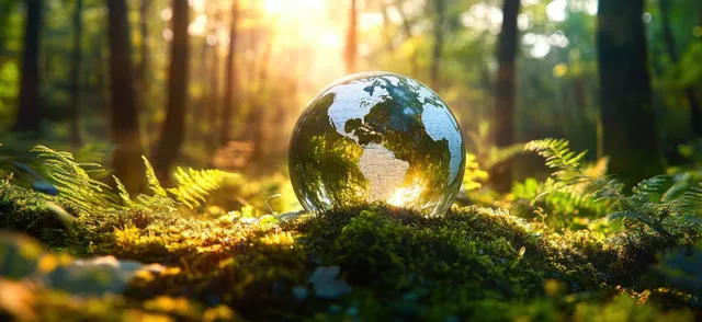 A green Earth globe rests on moss and ferns in a sunlit forest with soft tree bokeh behind it.