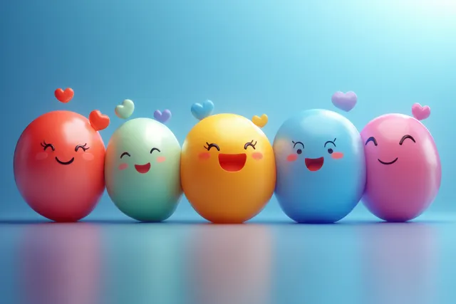 Five colorful emoji balloons with smiling faces line up on a blue reflective surface.