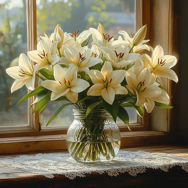 White lilies in clear glass vase on lace windowsill with soft morning daylight