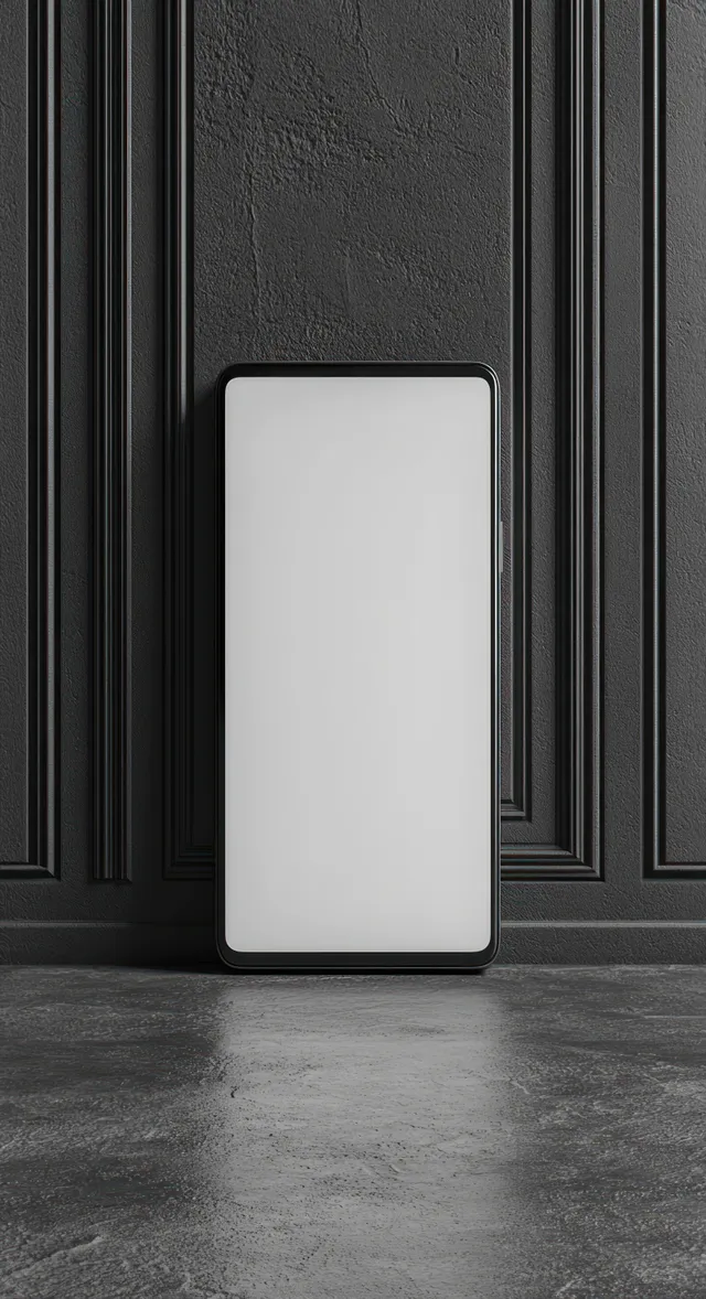 Um smartphone com tela branca em branco está em pé sobre um piso escuro diante de painéis de porta altos.