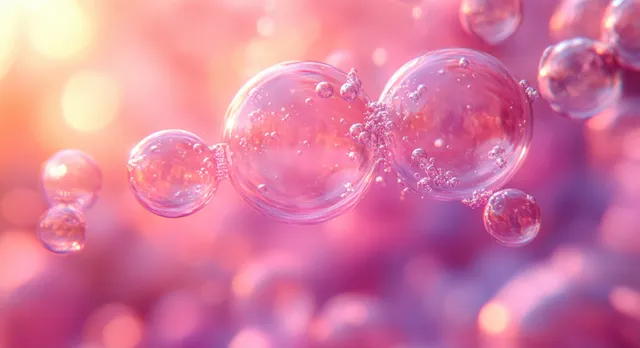 Translucent pink serum-like bubbles float in a soft warm blurred background.