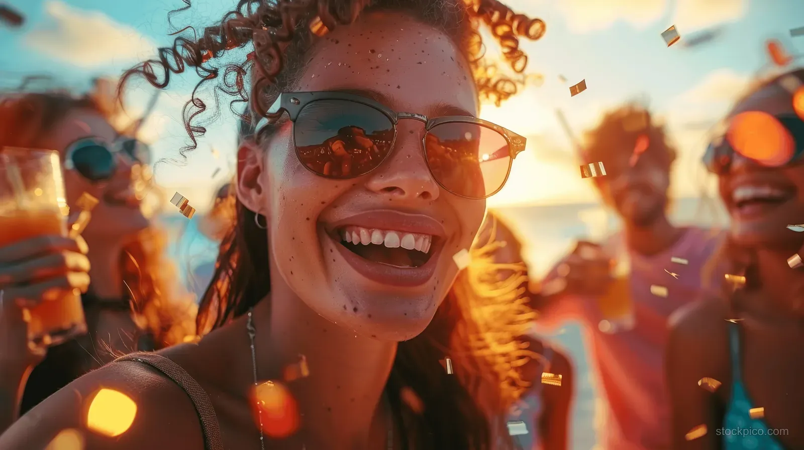Young woman in sunglasses laughs at sunset while friends behind her throw confetti during an outdoor celebration.