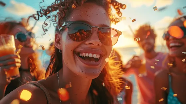 Young woman in sunglasses cheering as friends celebrate at sunset with confetti and drinks