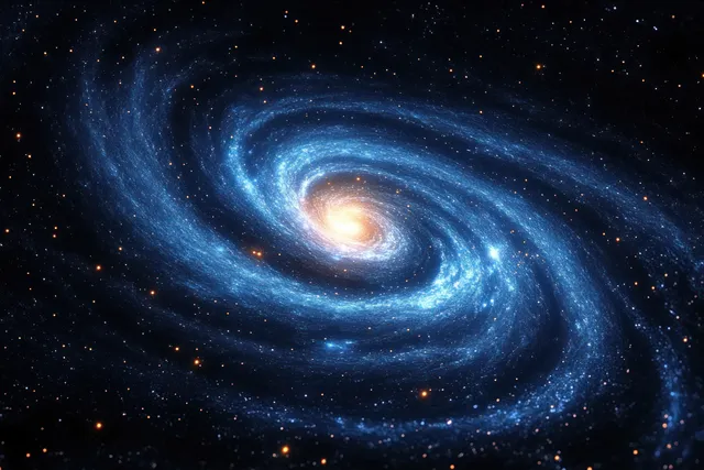 A vibrant blue spiral galaxy with a glowing center and scattered stars appears in a dark cosmic background.