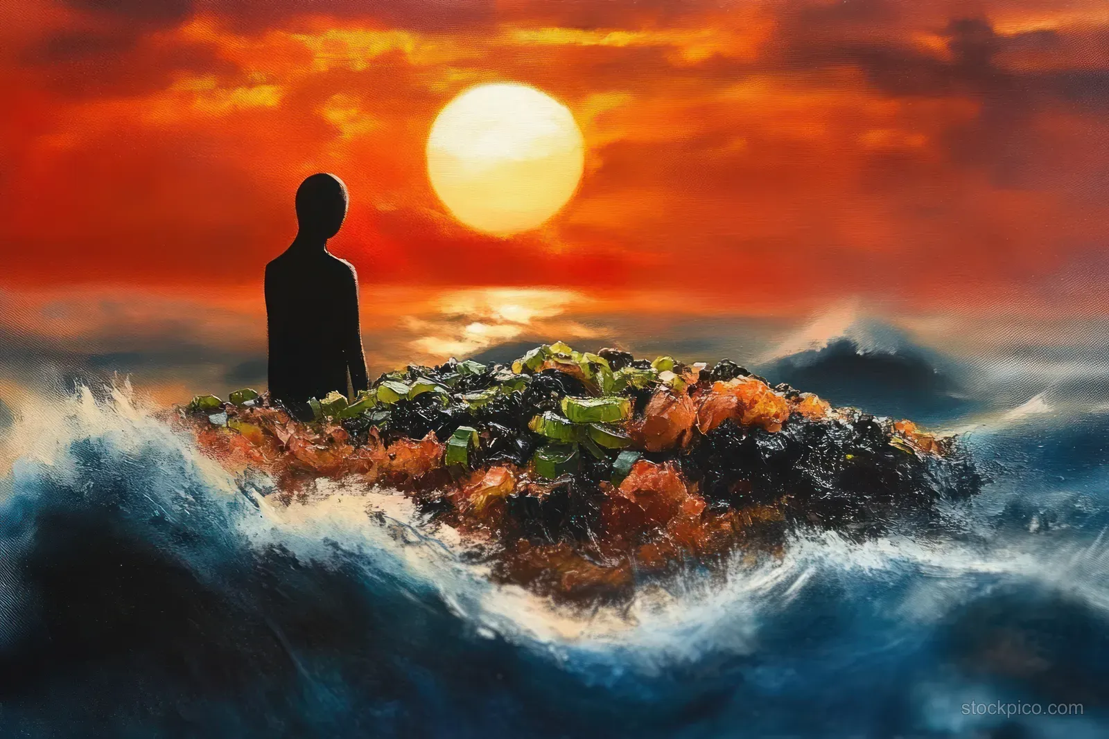 A lone silhouette stands on a rocky islet as ocean waves crash under a vivid red-orange sunset with a large bright sun.