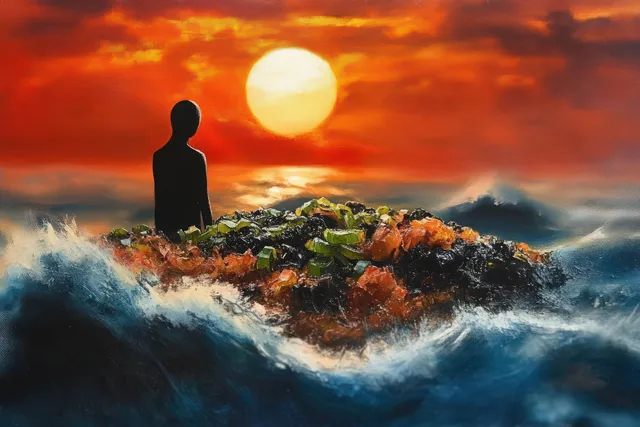 A lone silhouette stands on a rocky islet as ocean waves crash under a vivid red-orange sunset with a large bright sun.