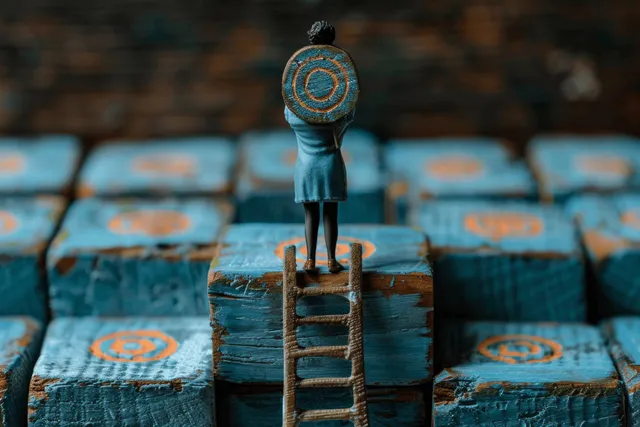 Businessman climbs ladder toward dartboard bullseye on stacked cash blocks