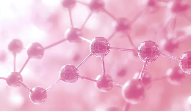 3D collagen-like molecular lattice of glossy spheres connected by thin bonds in a soft pink lab glow.