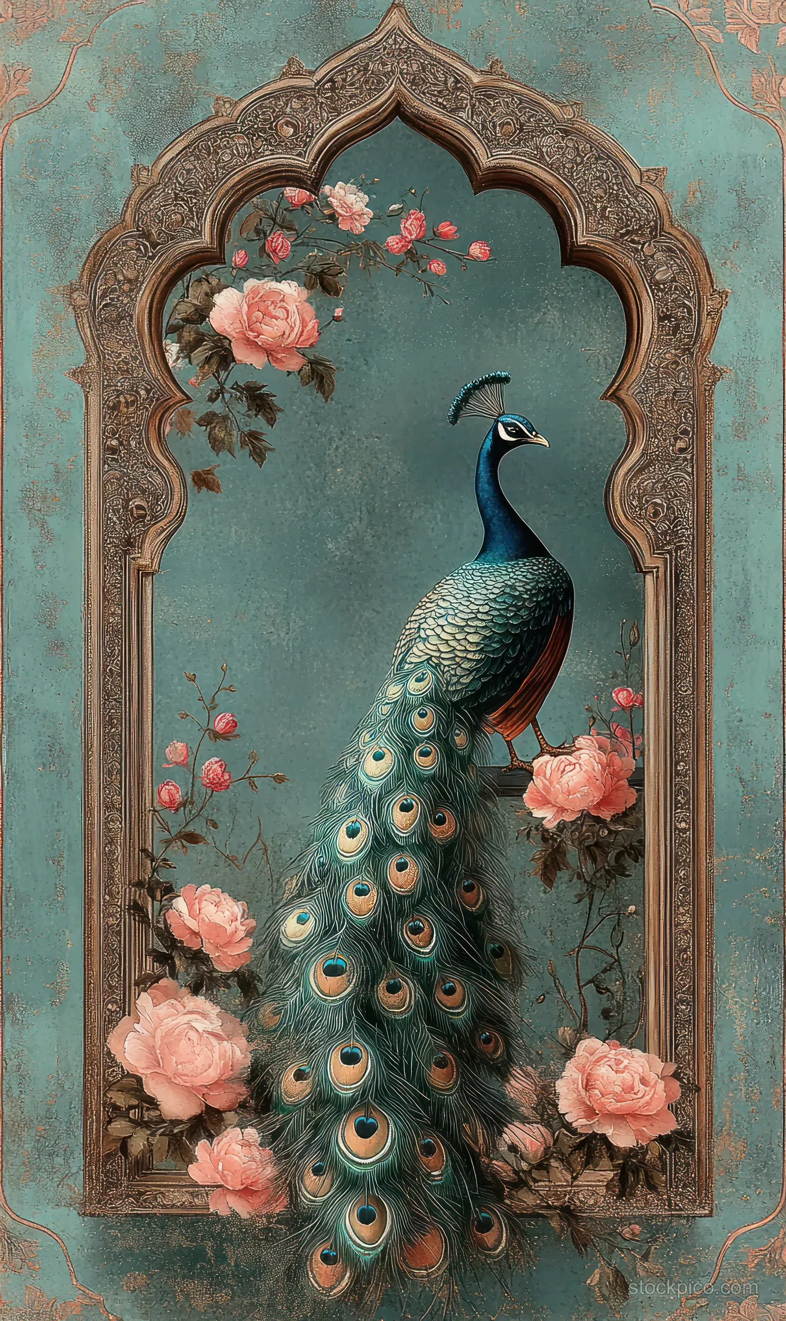 Illustrated peacock framed by an arched Mughal window with pink roses and ornate decorative details on teal background.