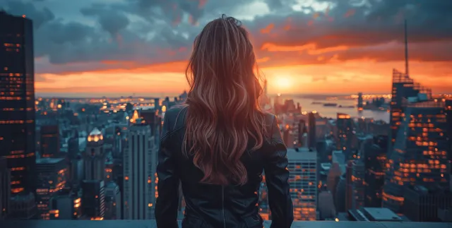 Businesswoman in black leather suit stands on balcony, watching New York skyline at sunset
