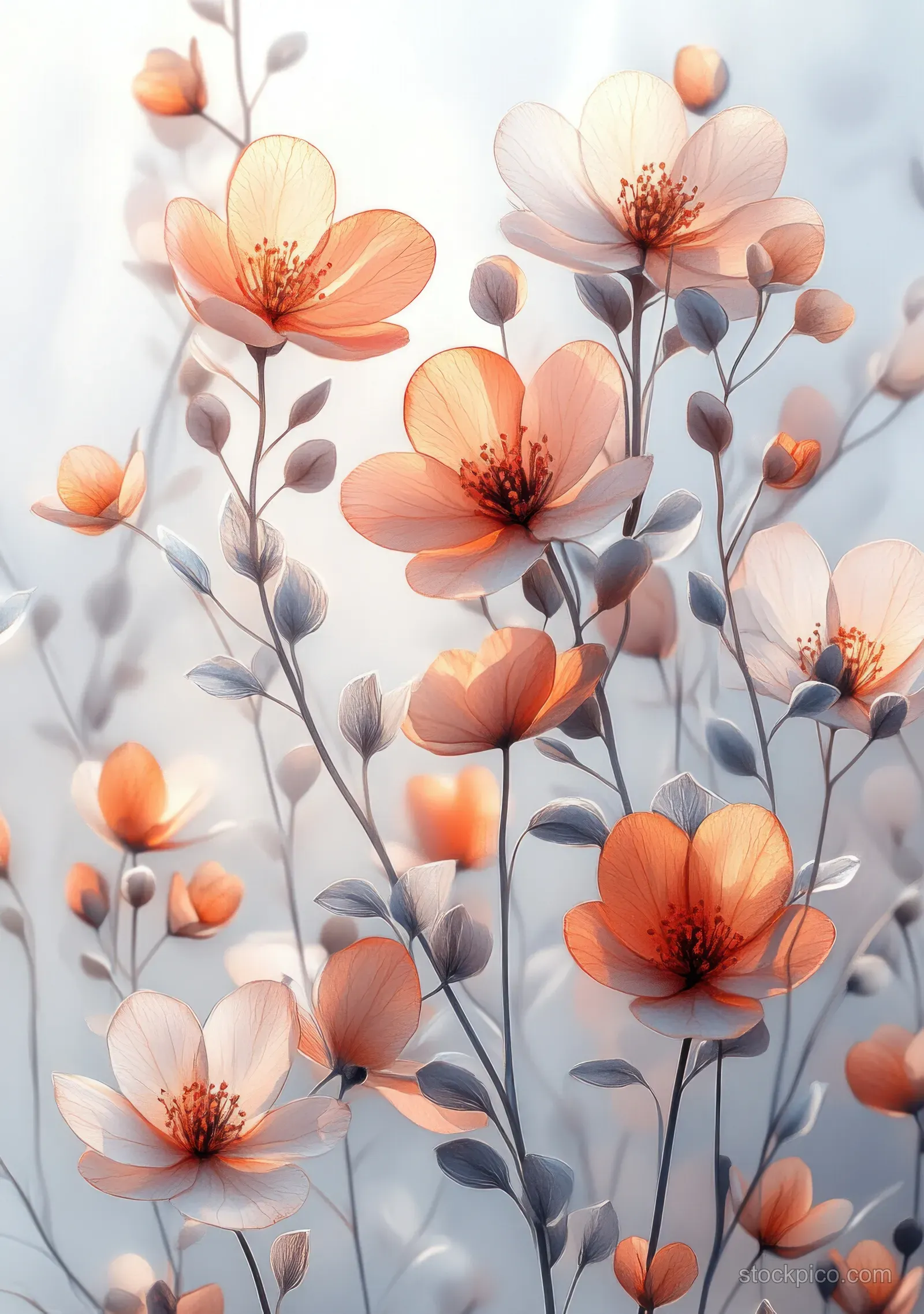 Watercolor orange blossoms and thin branches spread across a light, airy background.