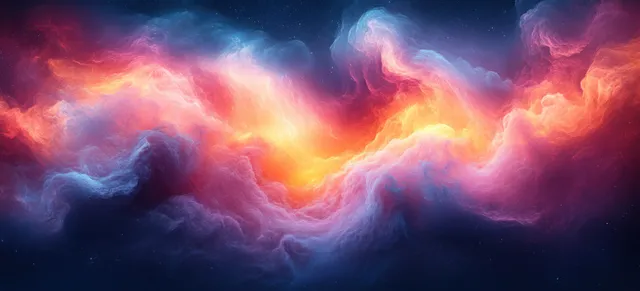 Swirling fiery nebula clouds glow in orange, pink, and blue with soft smoky haze across the background.