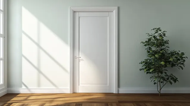 Minimalist interior with closed white door, wooden floor, and soft window light shadows