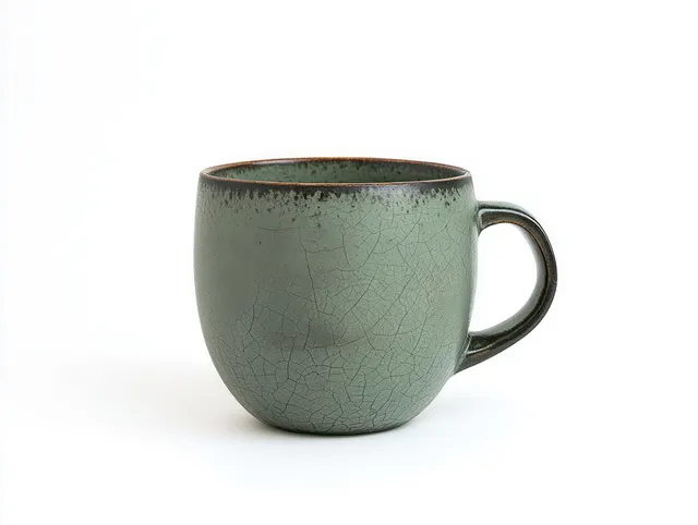 Green crackled ceramic coffee mug with rounded handle placed on a white background.