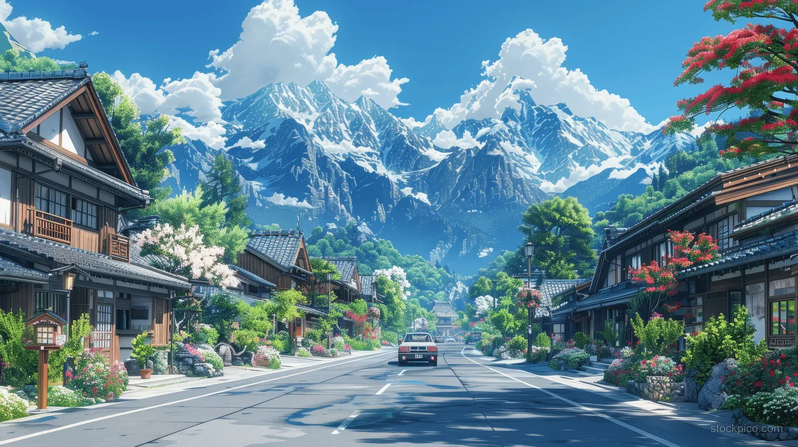 Anime-style Japanese street with wooden houses, lanterns, a car, and snowy mountains under a blue sky.