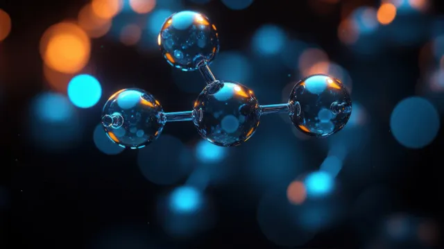 Glowing blue and orange connected molecular spheres float on a dark background with soft bokeh.