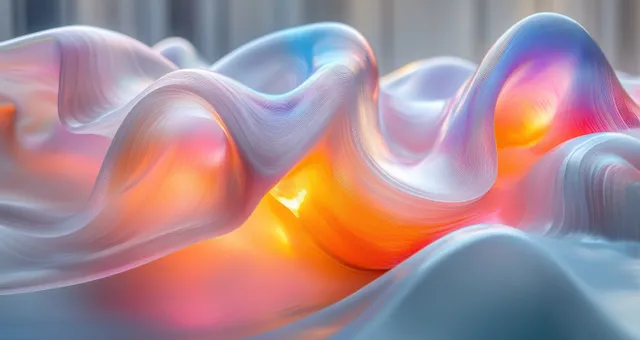 Futuristic glass-like ribbon sculptures with iridescent glow and soft abstract lighting