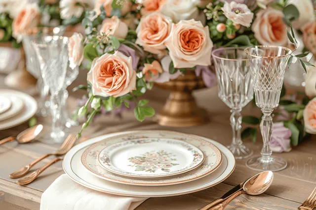 Porcelain plates and crystal stemware sit on an elegant dining table beside a rose floral centerpiece.